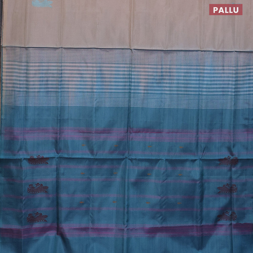 Banana pith saree beige and teal blue with thread woven buttas in borderless style