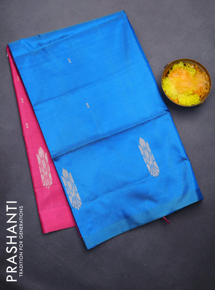 Banana pith saree cs blue and pink with thread woven buttas in borderless style