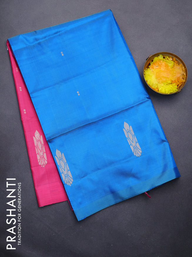 Banana pith saree cs blue and pink with thread woven buttas in borderless style