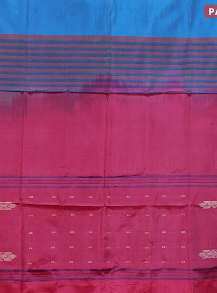 Banana pith saree cs blue and pink with thread woven buttas in borderless style