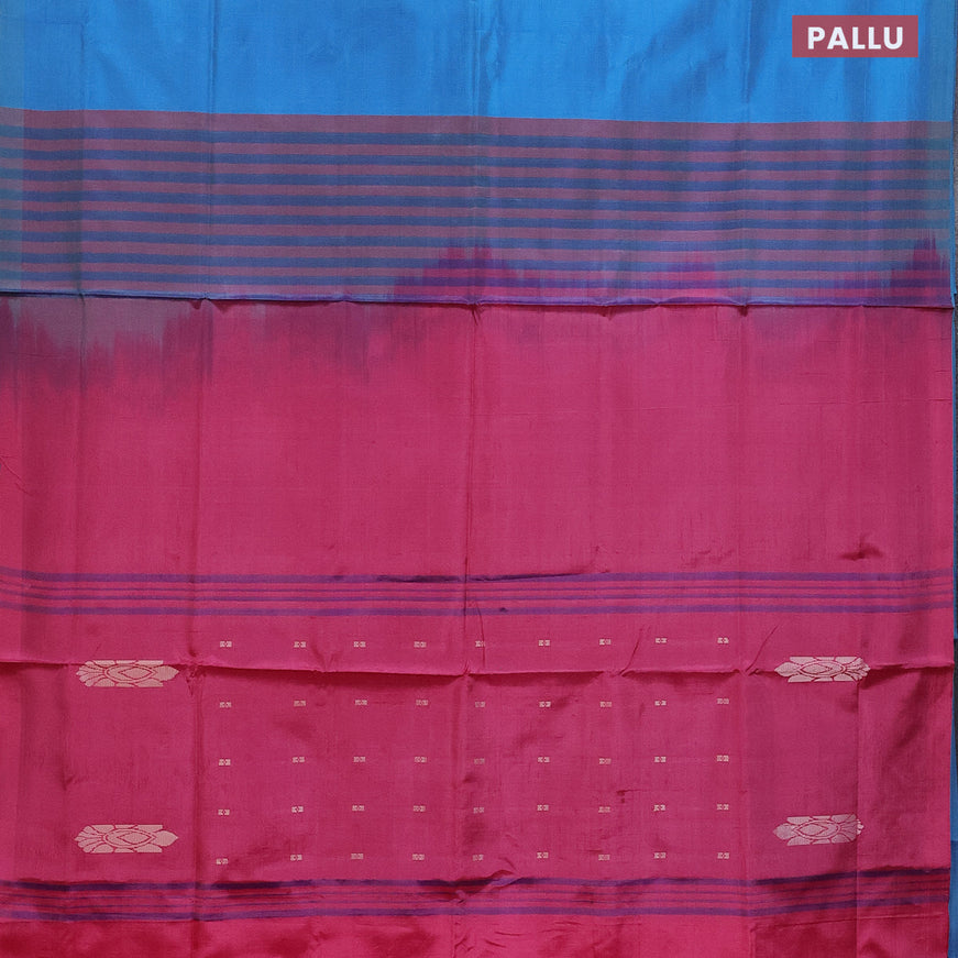 Banana pith saree cs blue and pink with thread woven buttas in borderless style