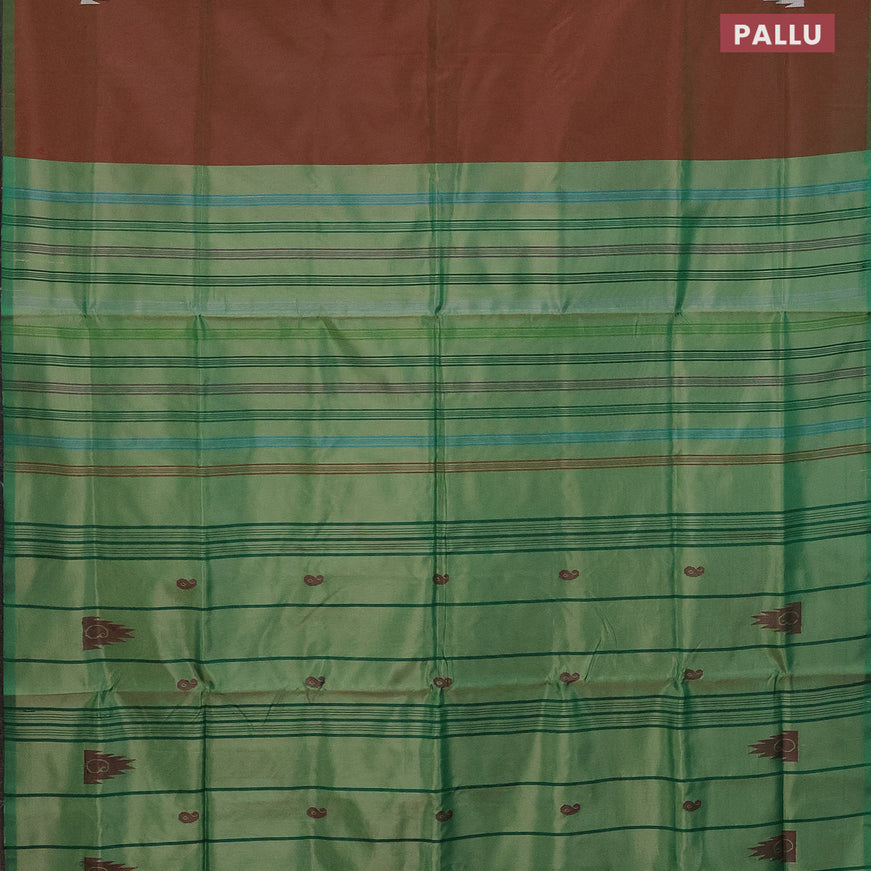 Banana pith saree dual shade of maroon and pastel green with thread woven buttas and piping border