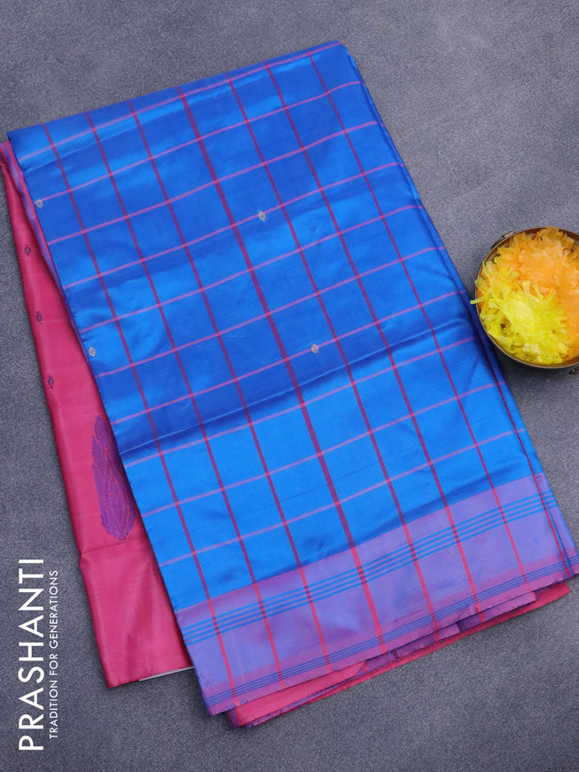 Banana pith saree cs blue and pink shade with allover checked pattern and contrast border