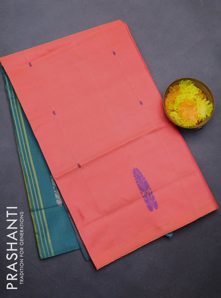 Banana pith saree peach pinkish orange and teal green with thread woven buttas in borderless style