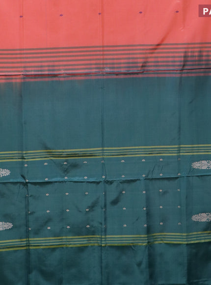 Banana pith saree peach pinkish orange and teal green with thread woven buttas in borderless style