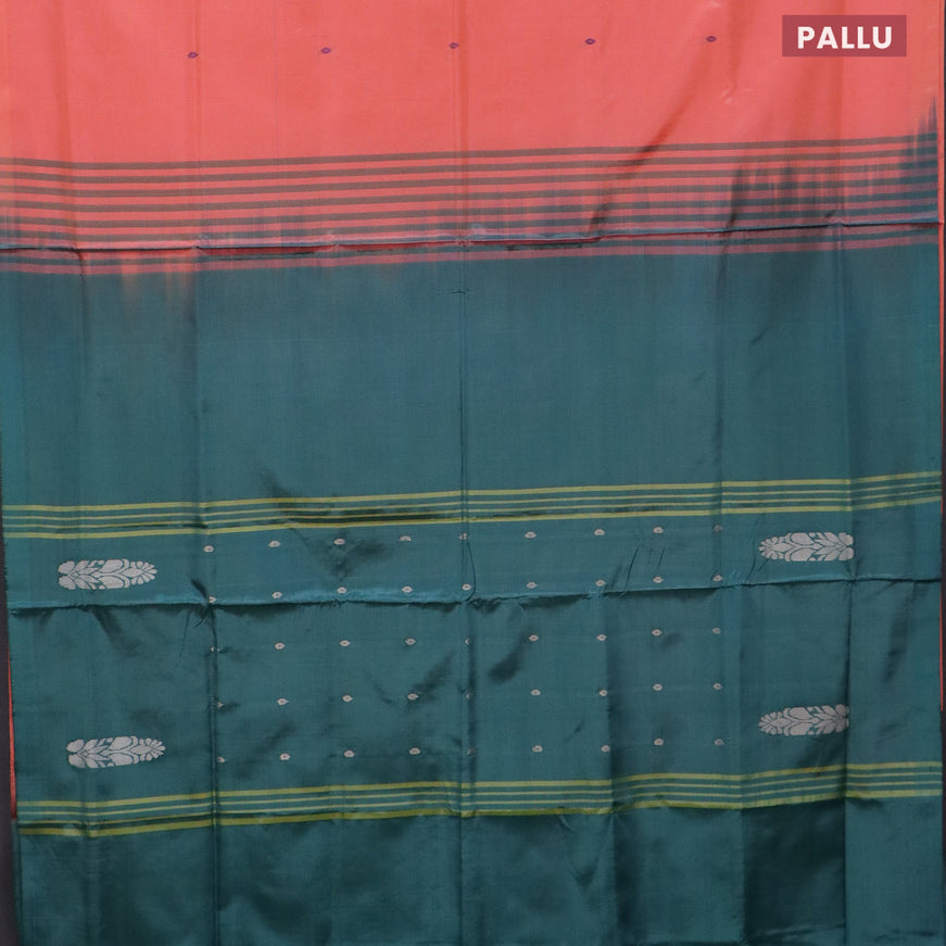 Banana pith saree peach pinkish orange and teal green with thread woven buttas in borderless style