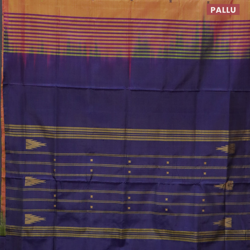 Banana pith saree dual shade of greebish pink and blue with thread woven buttas in borderless style