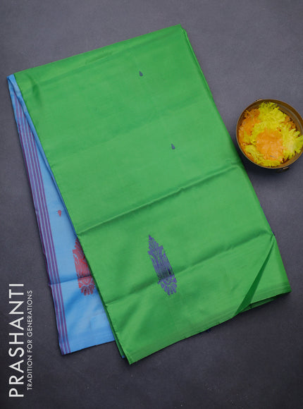 Banana pith saree light green and light blue with thread woven buttas in borderless style