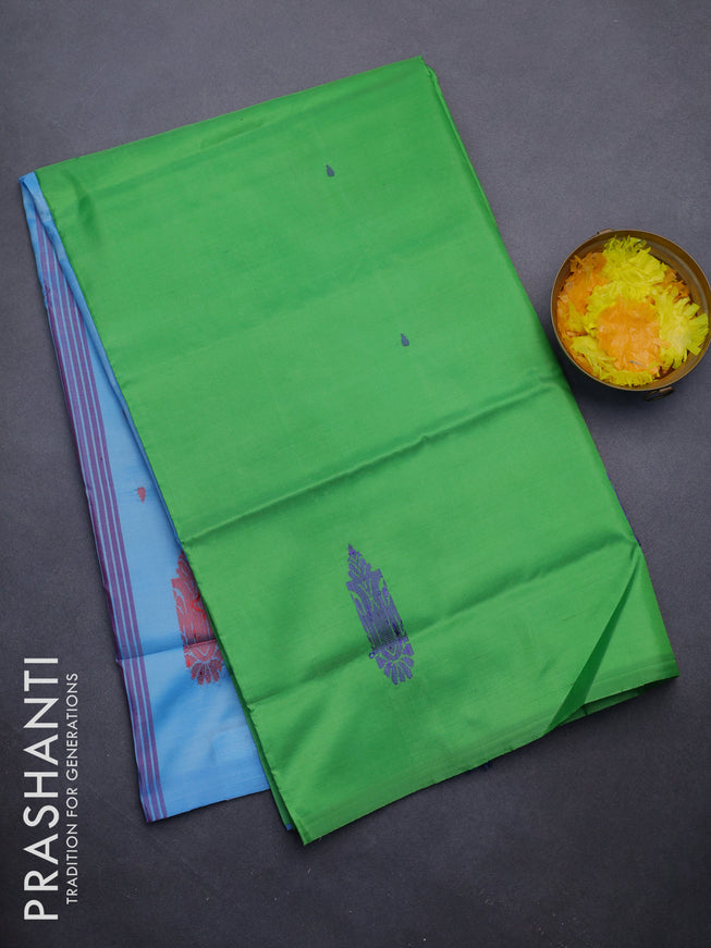 Banana pith saree light green and light blue with thread woven buttas in borderless style