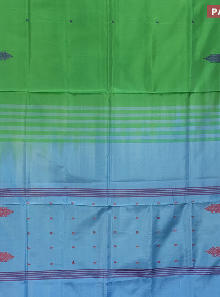 Banana pith saree light green and light blue with thread woven buttas in borderless style