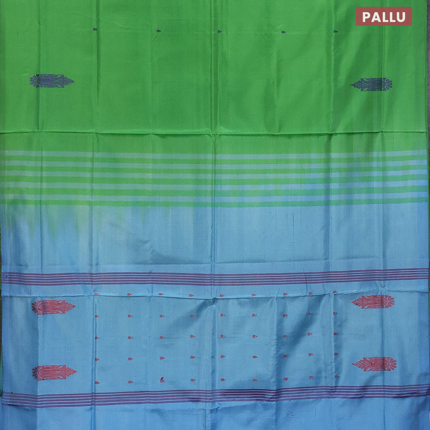 Banana pith saree light green and light blue with thread woven buttas in borderless style