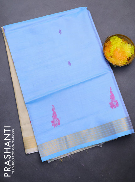 Banana pith saree light blue and cream with thread woven buttas and zari woven border