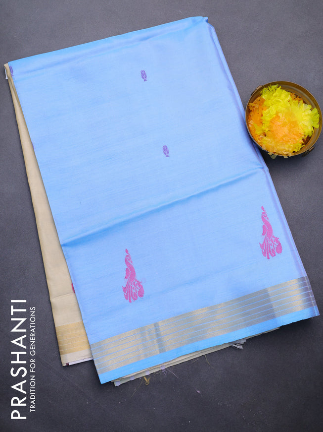 Banana pith saree light blue and cream with thread woven buttas and zari woven border