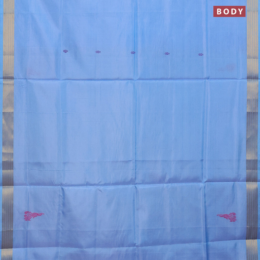 Banana pith saree light blue and cream with thread woven buttas and zari woven border