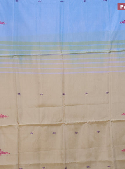 Banana pith saree light blue and cream with thread woven buttas and zari woven border