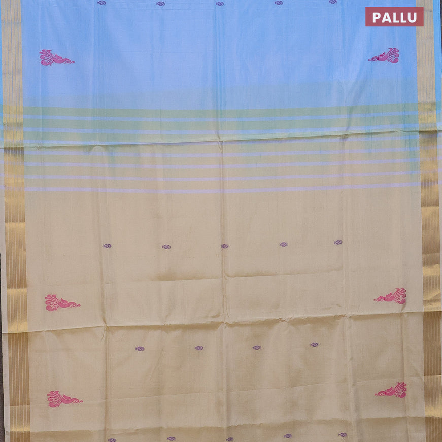 Banana pith saree light blue and cream with thread woven buttas and zari woven border