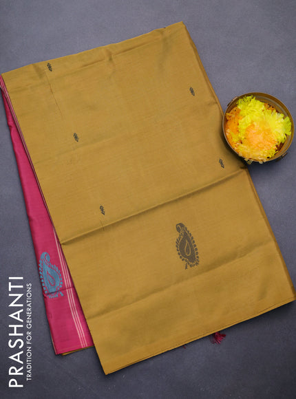 Banana pith saree mustard yellow and pink with thread woven buttas in borderless style