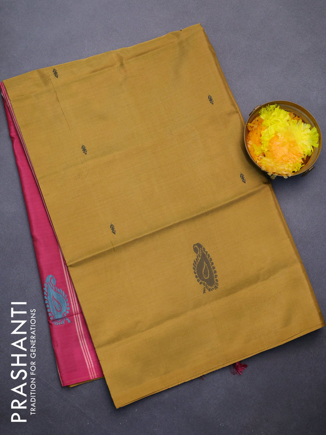 Banana pith saree mustard yellow and pink with thread woven buttas in borderless style