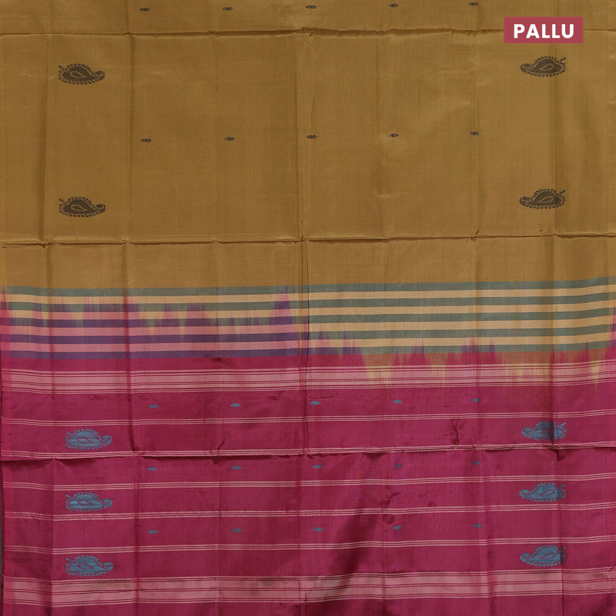 Banana pith saree mustard yellow and pink with thread woven buttas in borderless style