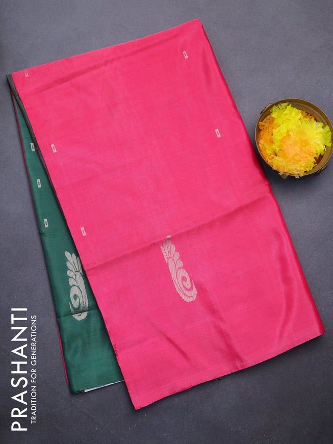 Banana pith saree pink and green with thread woven buttas in borderless style