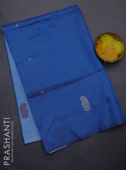 Banana pith saree peacock blue and light blue with thread woven buttas in borderless style