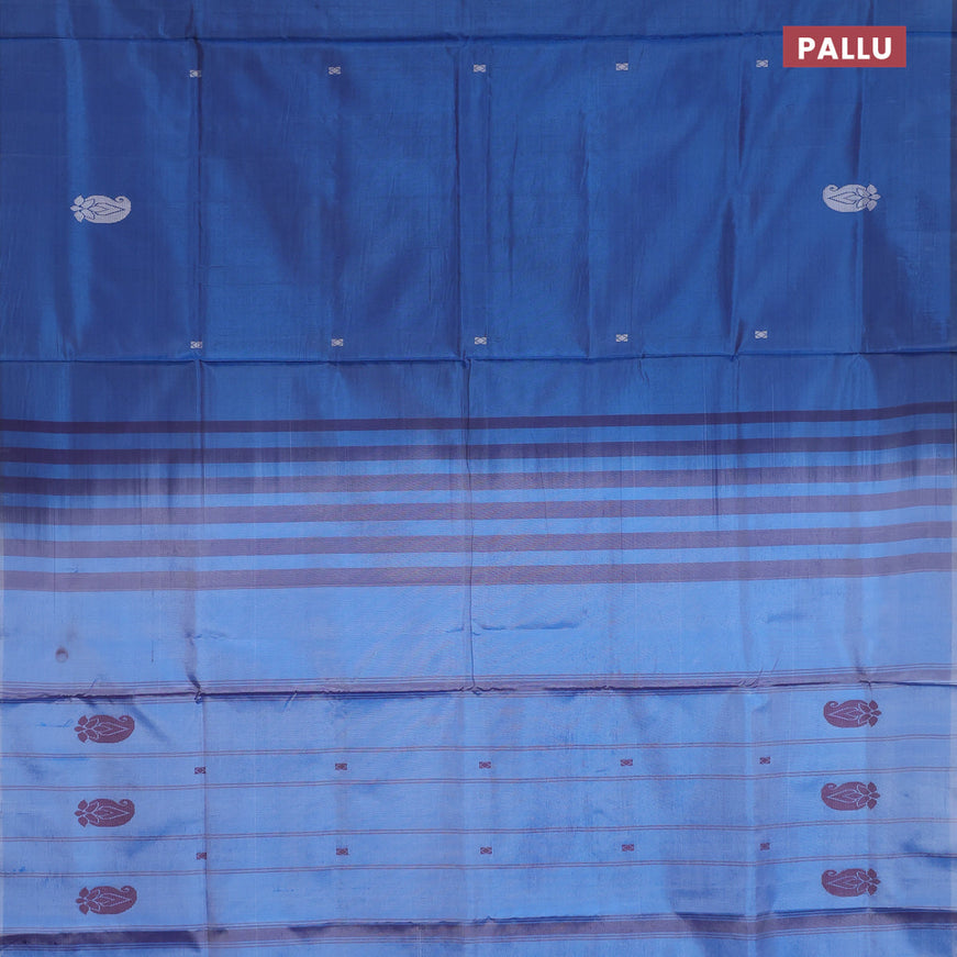 Banana pith saree peacock blue and light blue with thread woven buttas in borderless style