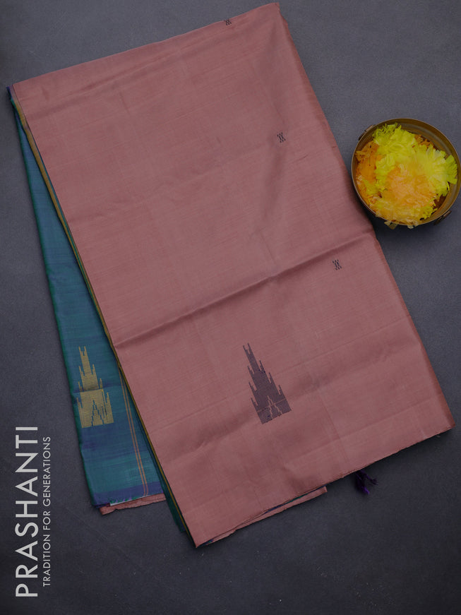 Banana pith saree pastel brown and dual shade of greenish violet with thread woven buttas and contrast border