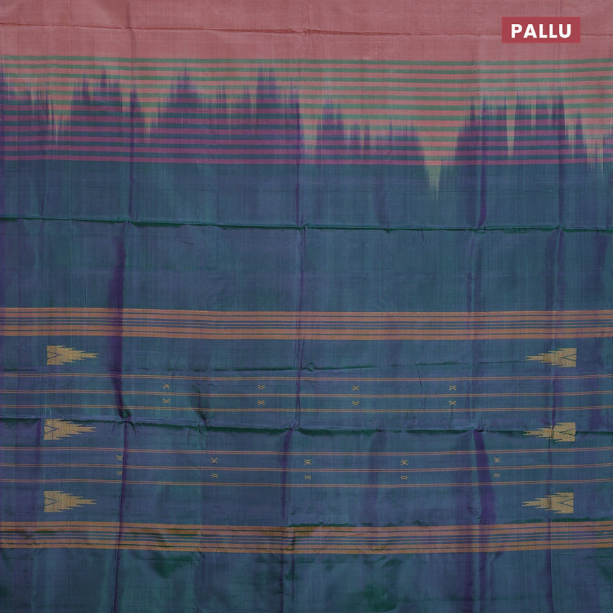 Banana pith saree pastel brown and dual shade of greenish violet with thread woven buttas and contrast border