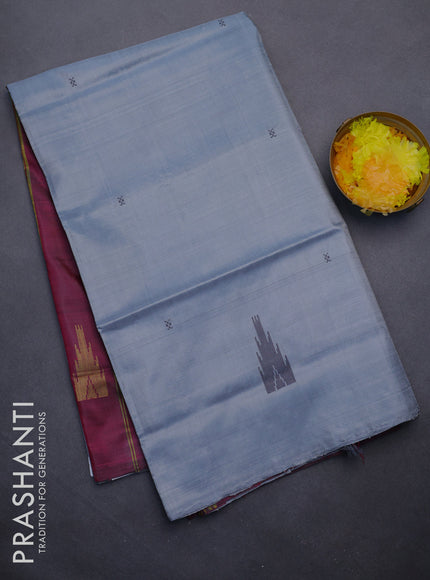 Banana pith saree grey and dark magenta pink with thread woven buttas in borderless style