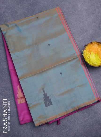 Banana pith saree dual shade of teal bluish mustard and magenta pink with thread woven buttas in borderless style