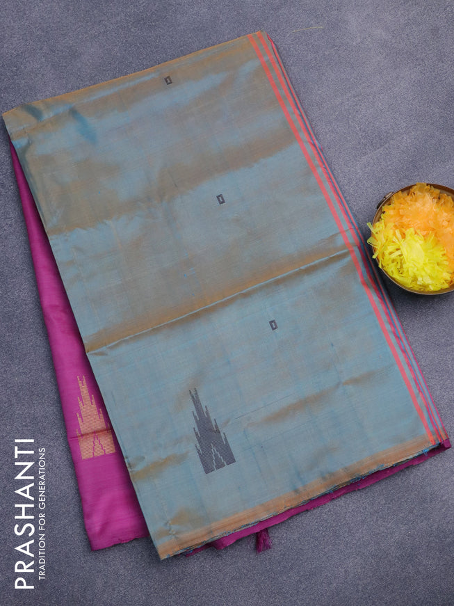 Banana pith saree dual shade of teal bluish mustard and magenta pink with thread woven buttas in borderless style