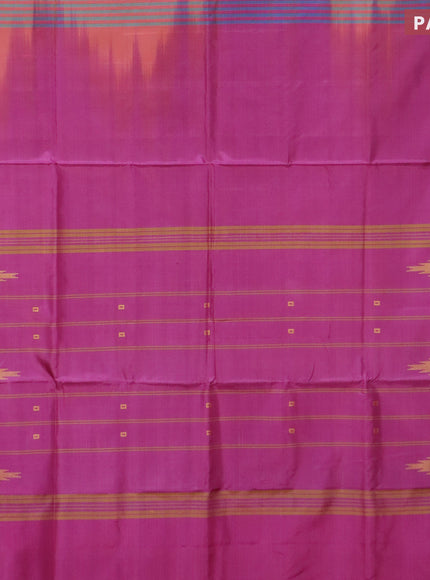 Banana pith saree dual shade of teal bluish mustard and magenta pink with thread woven buttas in borderless style