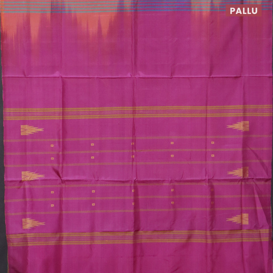 Banana pith saree dual shade of teal bluish mustard and magenta pink with thread woven buttas in borderless style