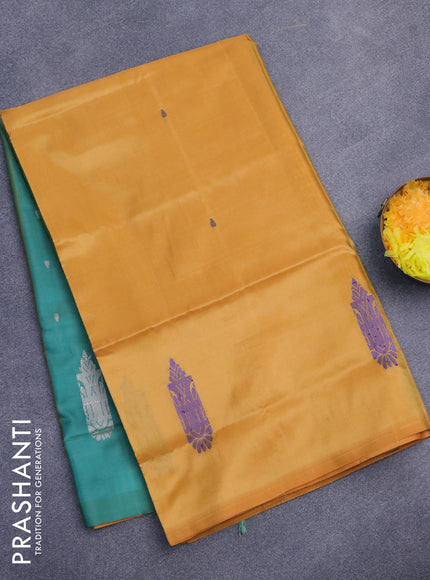 Banana pith saree mustard yellow and green with thread woven buttas in borderless style