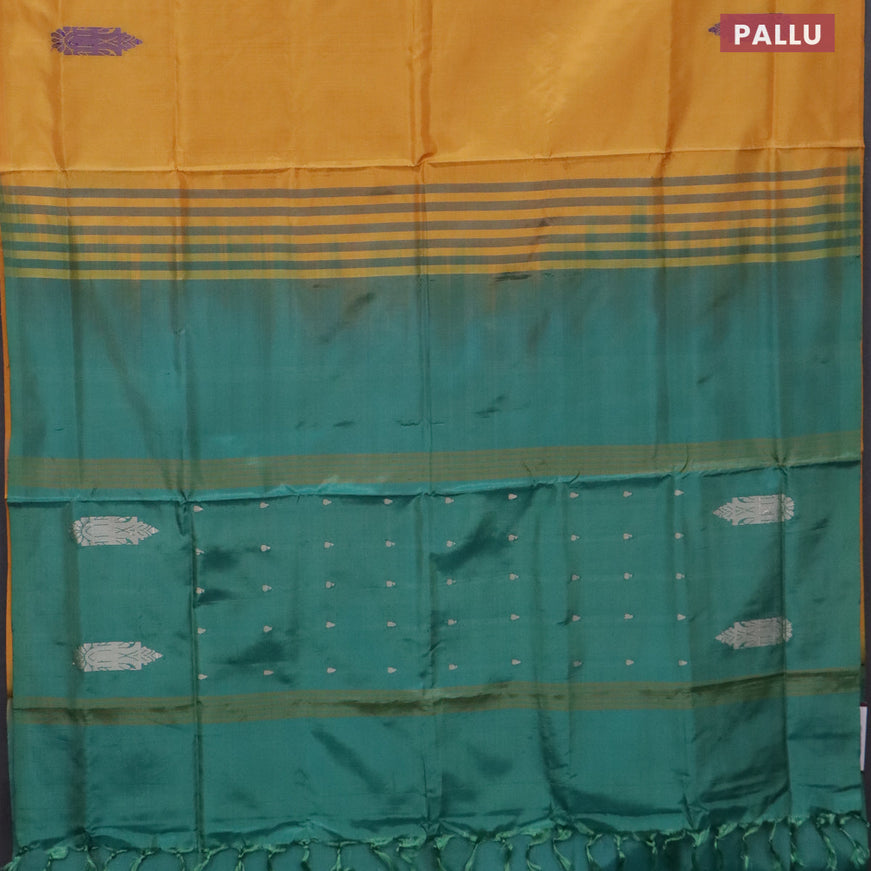 Banana pith saree mustard yellow and green with thread woven buttas in borderless style