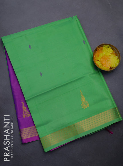 Banana pith saree light green and purple with thread woven buttas and zari woven border