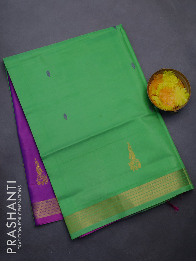 Banana pith saree light green and purple with thread woven buttas and zari woven border