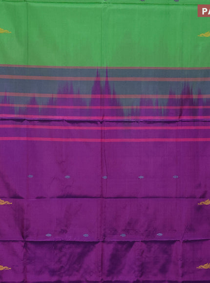 Banana pith saree light green and purple with thread woven buttas and zari woven border