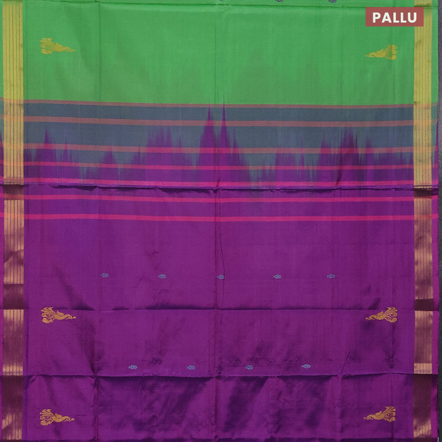 Banana pith saree light green and purple with thread woven buttas and zari woven border