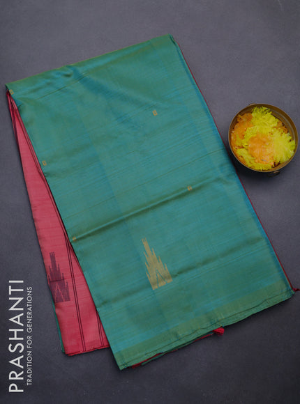 Banana pith saree teal blue and peach pink with thread woven buttas in borderless style