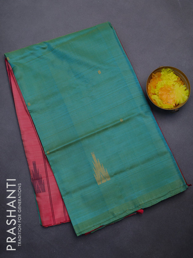 Banana pith saree teal blue and peach pink with thread woven buttas in borderless style