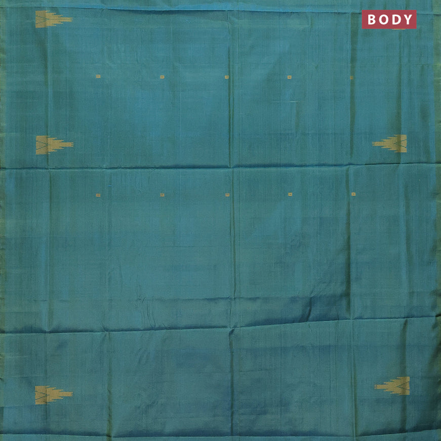 Banana pith saree teal blue and peach pink with thread woven buttas in borderless style