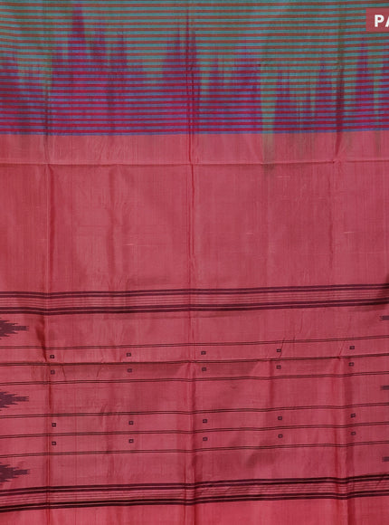 Banana pith saree teal blue and peach pink with thread woven buttas in borderless style