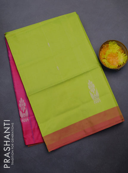 Banana pith saree fluorescent green and pink with thread woven buttas in borderless style