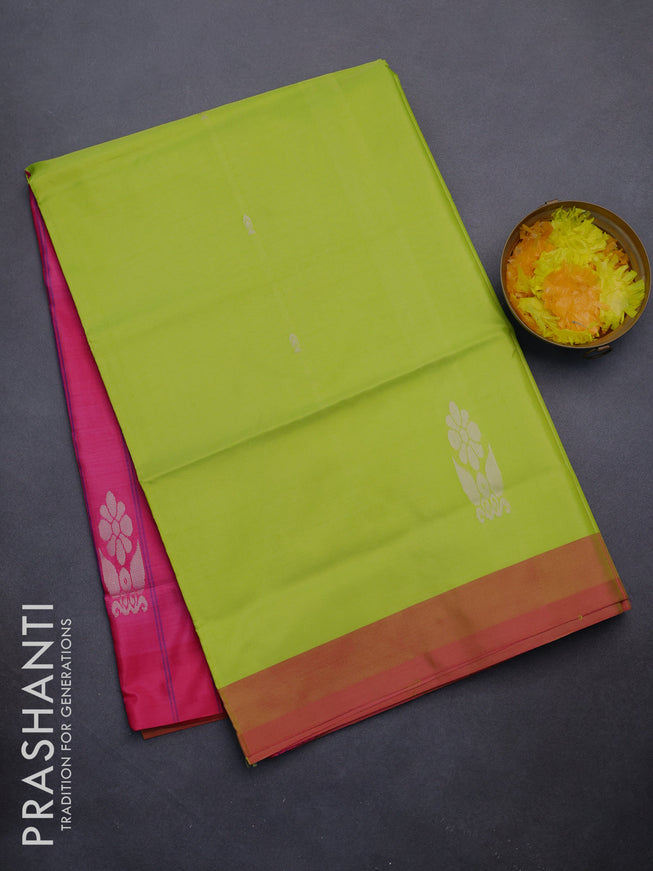 Banana pith saree fluorescent green and pink with thread woven buttas in borderless style