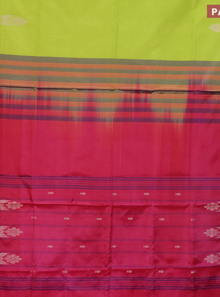 Banana pith saree fluorescent green and pink with thread woven buttas in borderless style