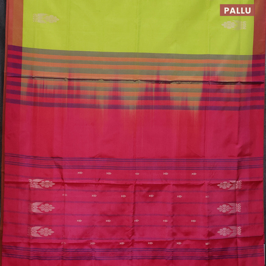 Banana pith saree fluorescent green and pink with thread woven buttas in borderless style