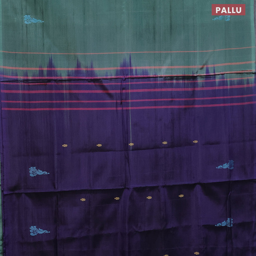 Banana pith saree pastel green and blue with thread woven buttas in borderless style