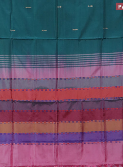 Banana pith saree green and multi colour with thread woven buttas in borderless style