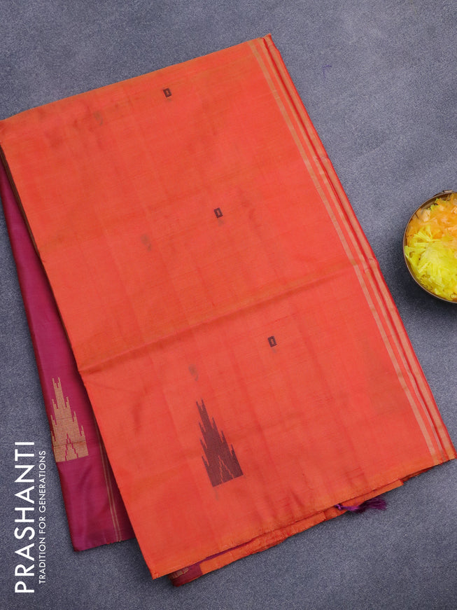 Banana pith saree orange and reddish pink with thread woven buttas in borderless style